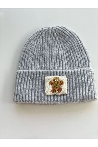 byebruketenci Gray Beret Ginger Bread Cookie Man Punch Patterned Luxury Wool Hat Christmas Gift