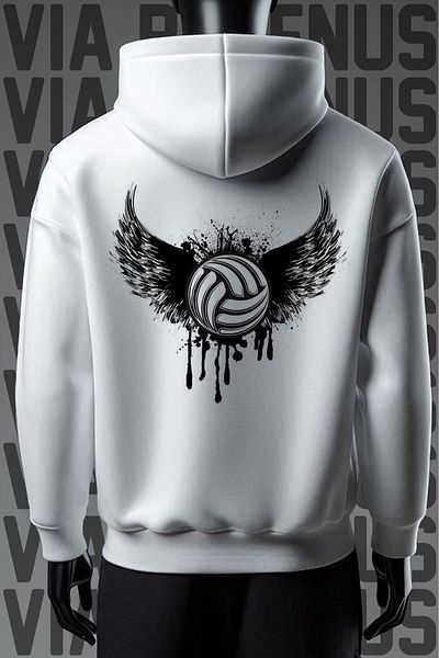 Vordevia White Hooded Volleyball Printed Wide Fit Sweatshirt - Kangaroo Pocket, 3 Thread Raster