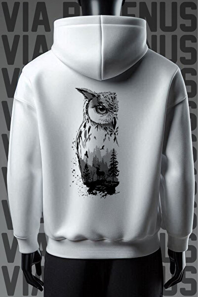 Vordevia Imprimat cu bufniță - Hanorac alb cu glugă, cu 3 fire