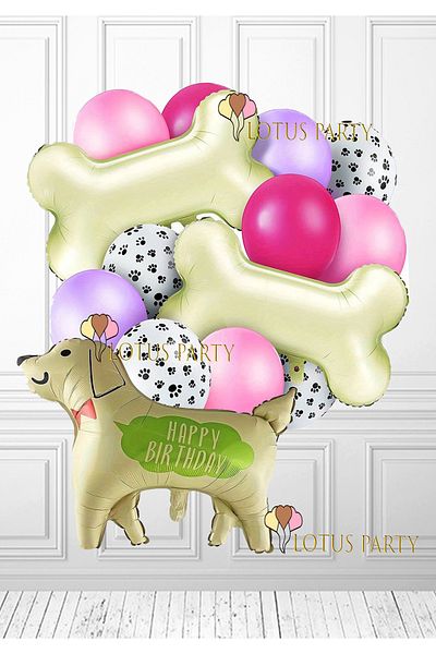 LOTUS PARTY Happy Birthday Written Dog Foil Balloon - Bone Foil Balloon - Paw Printed