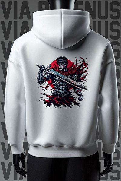 Vordevia Φούτερ Berserk 3 Thread White Hooded - Εκτύπωση και στο μπροστινό και στο πίσω μέρος