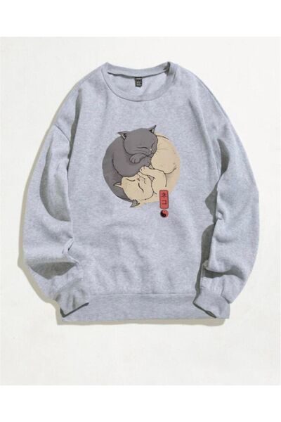 offsidesign Ying Yang Cat Štampano Unisex Oversize kroj Dukserica - okrugla k...