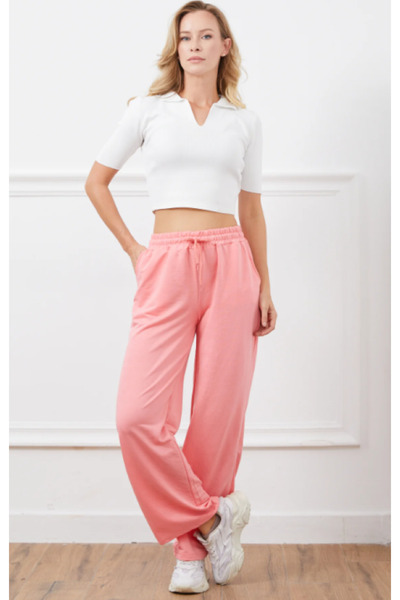 ModaDeniz Pantaloni de trening pentru femei cu talie înaltă și picioare largi - Shabby Puppy