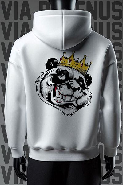 Vordevia Бял суитшърт с качулка и широк разкрой King Panda, 3 прежди - с щампа отпред и отзад