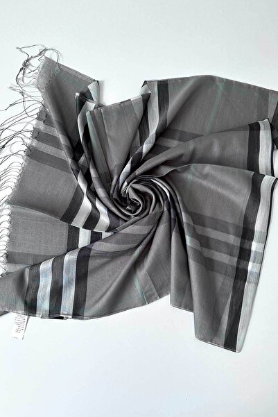 BECCASTYLE Light Gray Plaid Patterned Silk Shawl - Checked and Imported Design