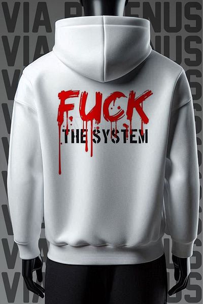 Vordevia Φούτερ F*ck The System 3 Thread Λευκή κουκούλα - Εκτύπωση Μπροστά και Πίσω