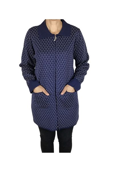 ECE GİYİM Patterned and Zippered Thick Winter Cardigan - Women's, Collared Pockets