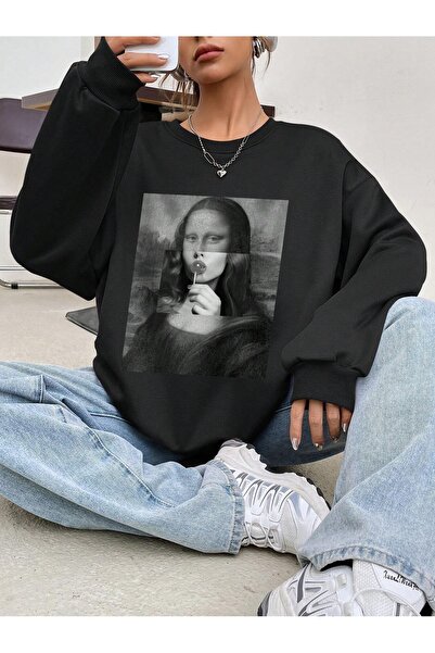 over head oh Negru Monalisa Printed - Hanorac de damă cu decolteu