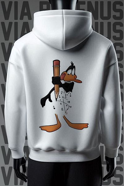 Vordevia Μοτίβο Duffy Duck - Μπροστινό και πίσω τύπωμα, 3 νήματα, φαρδιά εφαρμογή, φούτερ με λευκή κουκούλα