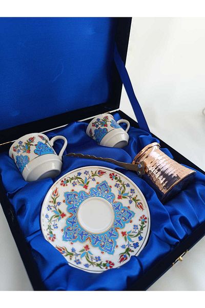 Nihal Süeda Star Model Velvet and Copper Coffee Pot Double Porcelain Cup Set