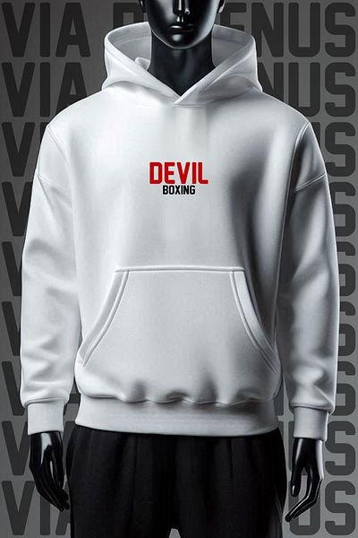 Vordevia Devil Boxing 3 Thread White Hooded Wide Fit Sweatshirt - Front and Back Printed