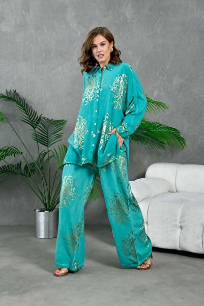 lovebox Foil Printed Women's Shirt and Trousers Set - Viscose Set of Two