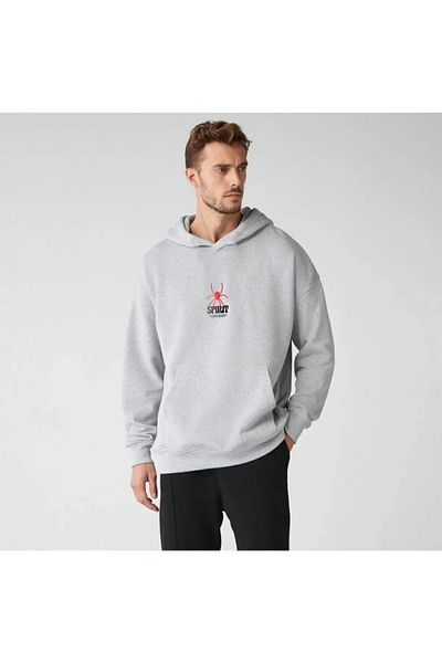 Moda Işık Φούτερ με 3 νήματα με ράστερ κόκκινη αράχνη με στάμπα γκρι χρώμα με κουκούλα καγκουρό τσέπη Unisex