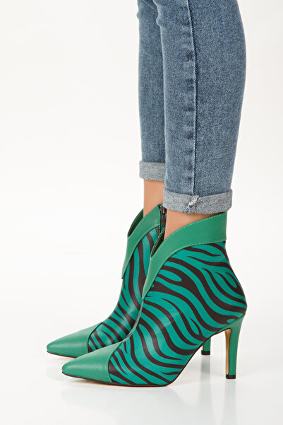 L&L Γυναικείες φανταχτερές μπότες με πράσινη μυτερή μύτη με λεπτό τακούνι