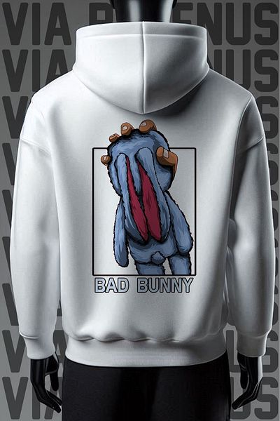 Vordevia Bad Bunny 3 Thread White Hooded Wide Fit Sweatshirt - Front and Back Printed