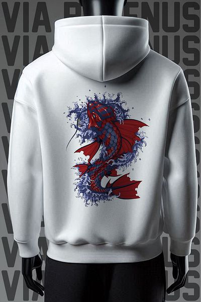 Vordevia Λευκό Koi Fish Printed - Φούτερ με φαρδιά εφαρμογή, 3 νήματα με κουκούλα