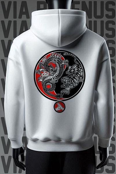 Vordevia Φούτερ με λευκή κουκούλα - Tiger and Dragon Print, 3 νήματα, φαρδιά εφαρμογή