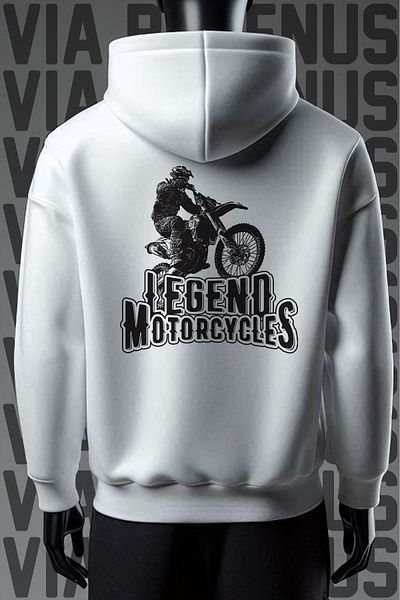 Vordevia Biker Legend Sweatshirt - 3 Thread, Wide Fit, Front and Back Print, White Hood