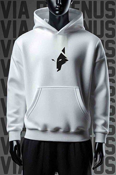 Vordevia Hanorac alb cu glugă cu imprimeu Wolf față și spate, cu 3 fire