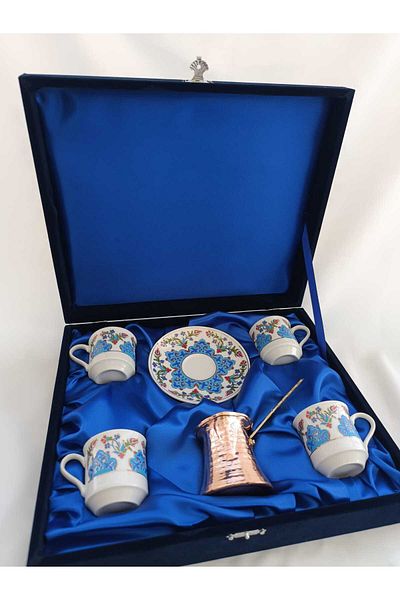 Nihal Süeda Star Model Four Porcelain Cup Set - Velvet Box, Copper Coffee Pot