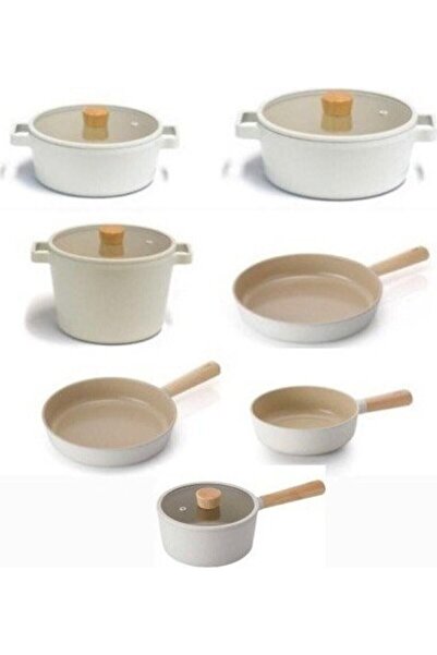 NEOFLAM Fika Bej Döküm Cam Kapaklı 11 Parça Tencere Tava Sos Seti