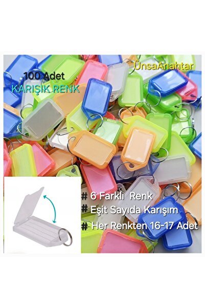 ÜNSA Anahtar 100x Anahtarlık Kapaklı Büyük Plastik Etiket Kimlik Isimlik Yazı...