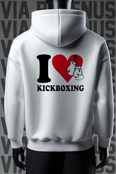 Vordevia Бял суитшърт с качулка I Love Kickboxing - 3 прежди, широк модел