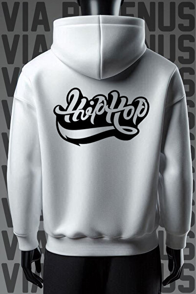 Vordevia Хип-хоп суитшърт с качулка и свободна кройка от 3 прежди - с щампа о...