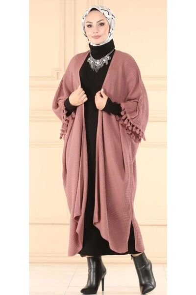 CNR TEKSTİL Rose Colored Sleeves Tassel Detailed Poncho