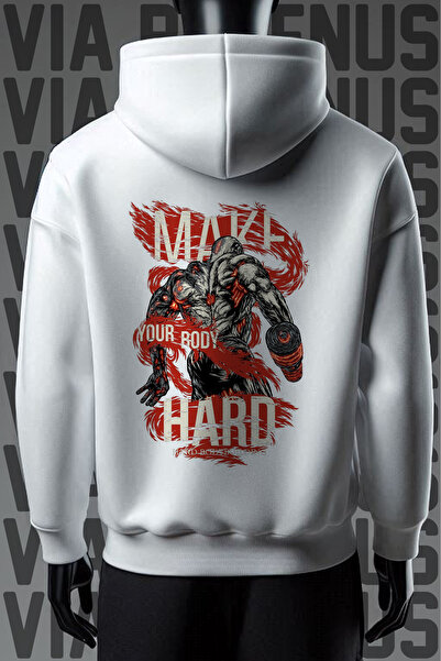 Vordevia Hanorac alb cu glugă - 3 fire Wide Fit Gym Body Building, imprimat f...