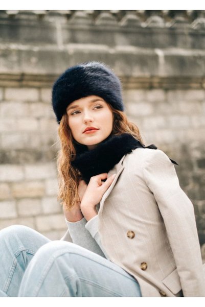 sevaradekor Women's Kalpak Fur Hat Faux Plush Fox Black Beret