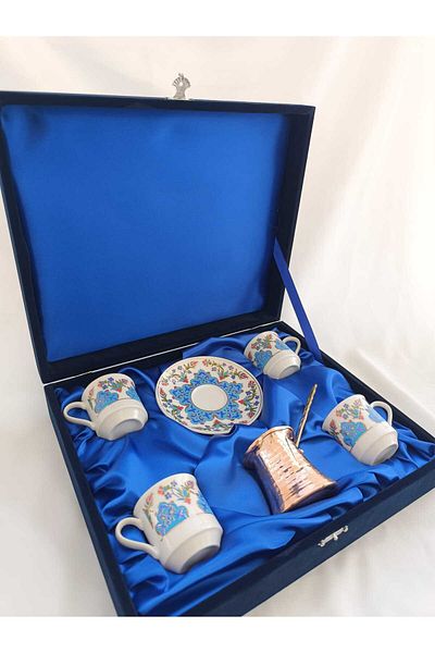 Nihal Süeda Star Model Four Porcelain Cup Set - Velvet Box, Copper Coffee Pot