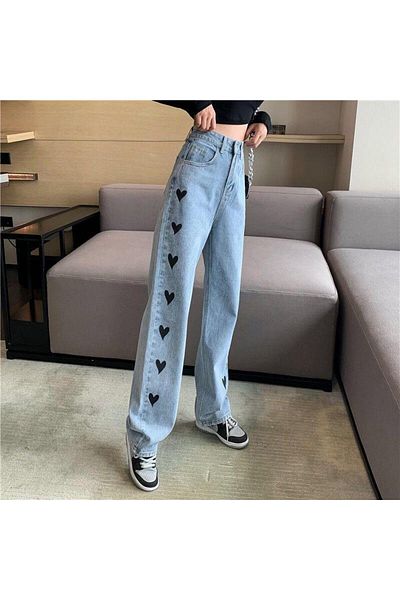 Touz Moda Baggy Blue Trousers - Heart Embroidered Streetwear