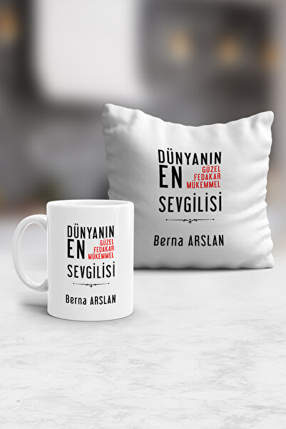 Hedizu Kişiye Özel Kadın Sevgiliye Hediye Yastık ve Kupa Hediye Seti Kız Arka...