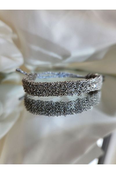 Eva Takı Chain Woven Cord Handmade Authentic Silver Platinum Colored Bracelet