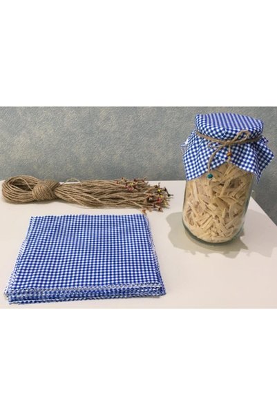 El Emeği 25 Pieces of Gingham Navy Blue Jar Lid Fabric (COVER) and Beaded Binding Rope