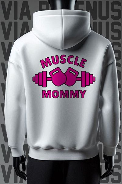 Vordevia Hanorac alb cu glugă Muscle Mommy cu 3 fire - Imprimat pe față și pe spate