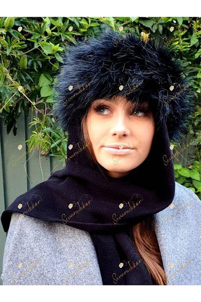 sevaradekor Women's Kalpak Fur Hat Faux Plush Fox Black Beret