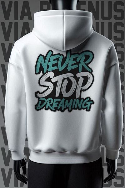 Vordevia Never Stop Dreaming - Φούτερ με φαρδιά εφαρμογή με 3 νήματα, μπροστινή και πίσω στάμπα με λευκή κουκούλα