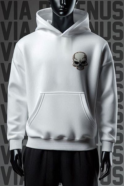 Vordevia Φούτερ Biker White Hoodie - Εκτύπωση εμπρός και πίσω, φαρδιά εφαρμογή 3 κλωστών