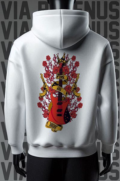 Vordevia Guns N Roses Patterned - 3 Thread White Hooded Wide Sweatshirt