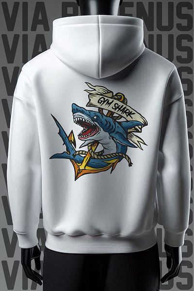 Vordevia Gym Shark 3 Thread White Hooded Sweatshirt - Front and Back Printed
