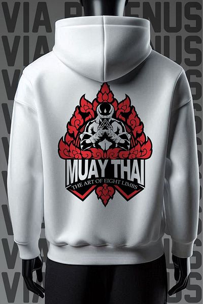 Vordevia Φούτερ με λευκή κουκούλα με σχέδιο Muay Thai - 3 νήματα, φαρδιά εφαρμογή