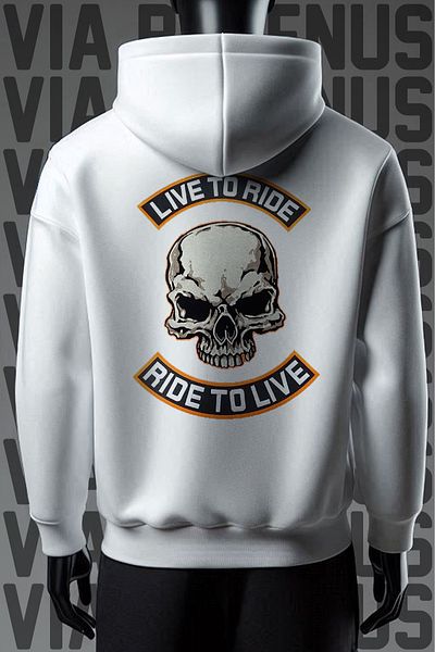 Vordevia Φούτερ Biker White Hoodie - Εκτύπωση εμπρός και πίσω, φαρδιά εφαρμογή 3 κλωστών