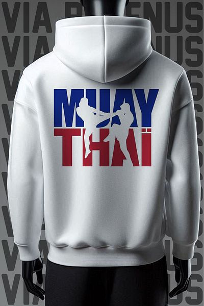 Vordevia Φούτερ με λευκή κουκούλα με σχέδιο Muay Thai - 3 νήματα, φαρδιά εφαρμογή