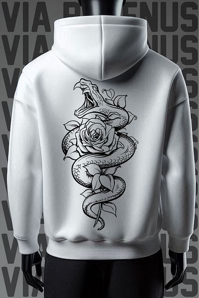Vordevia Φούτερ με λευκή κουκούλα - Snake and Rose print, 3 νήματα, φαρδιά εφαρμογή
