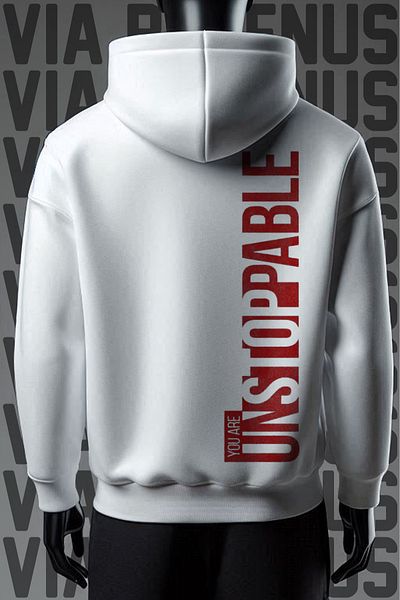 Vordevia Unstoppable Printed - Φούτερ με κουκούλα με 3 νήματα λευκή φαρδιά εφαρμογή