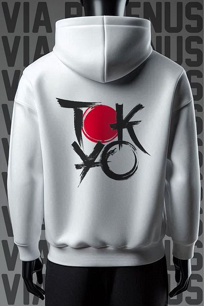 Vordevia Hanorac alb cu glugă - 3 fire Wide Fit Tokyo Printed