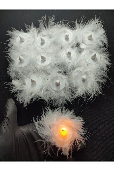 SırmalıHome Kına Geceleri Için 12 Adet Beyaz Tüylü Ledli Kına Mumu (EL MUMU)