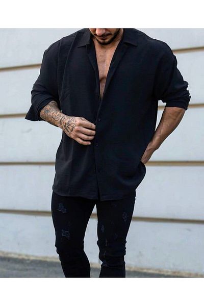 MFU collection Ανδρικό λινό Oversize φαρδύ πουκάμισο με ντραπέ